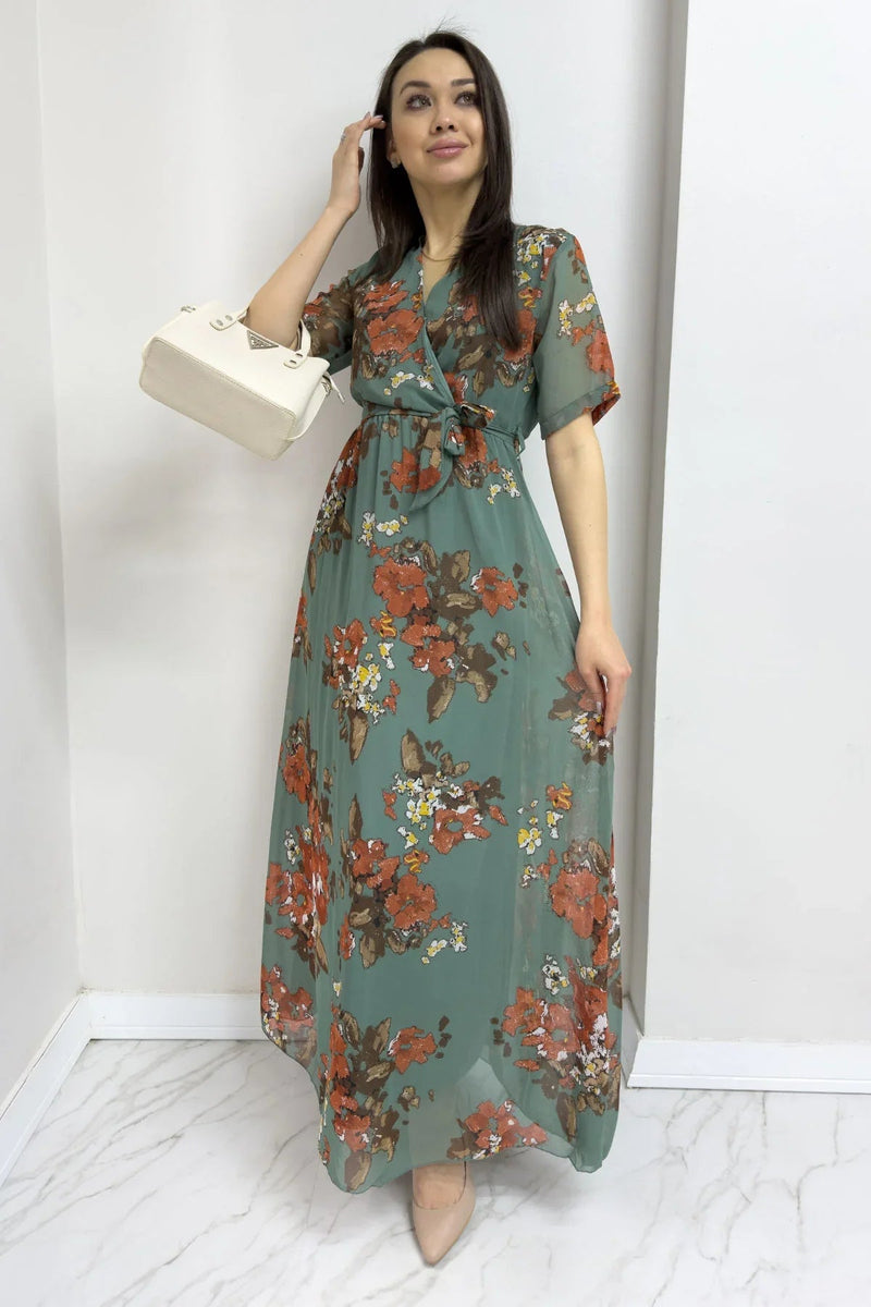 Women's Green Floral Short Sleeve Wrap Neck Plus Size Chiffon Dress