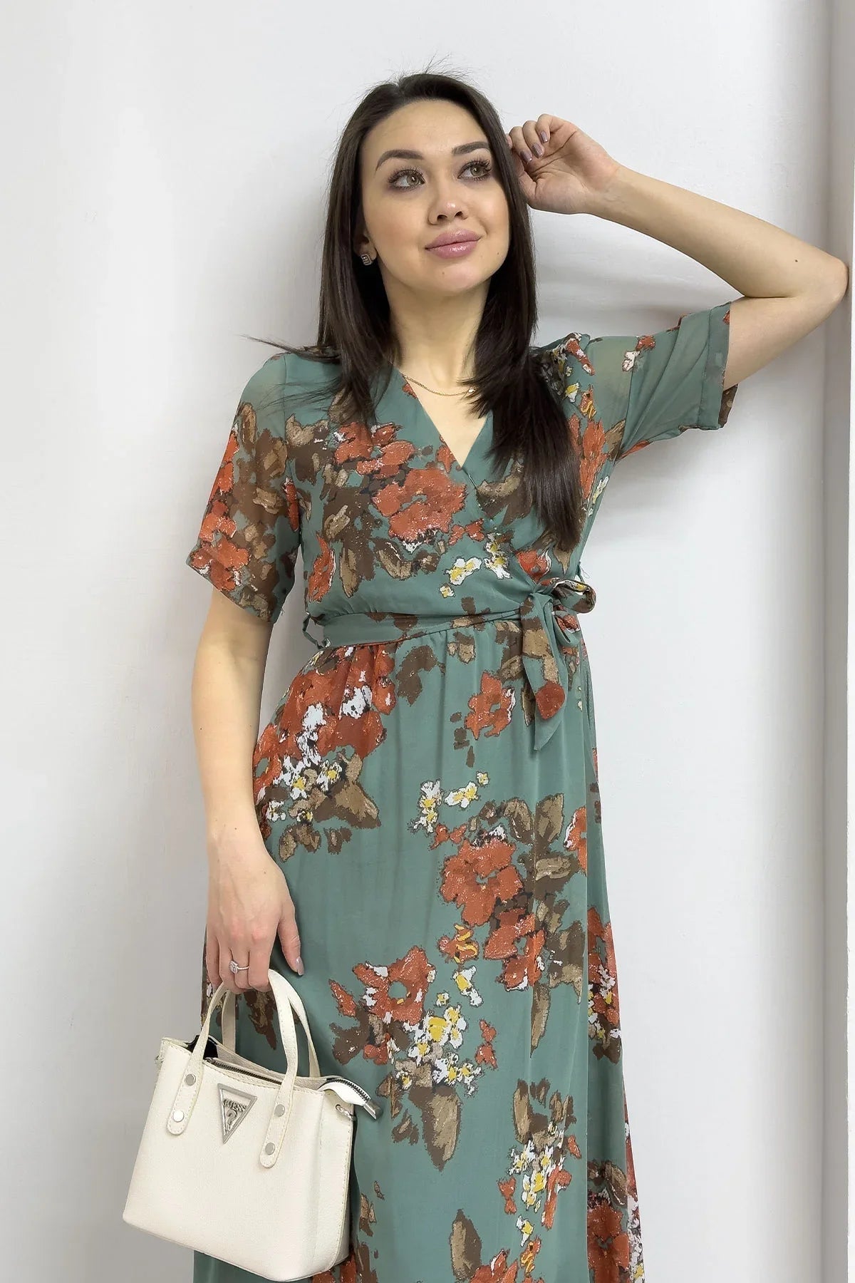 Women's Green Floral Short Sleeve Wrap Neck Plus Size Chiffon Dress