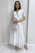 White Short-Sleeve Midi Chiffon Dress