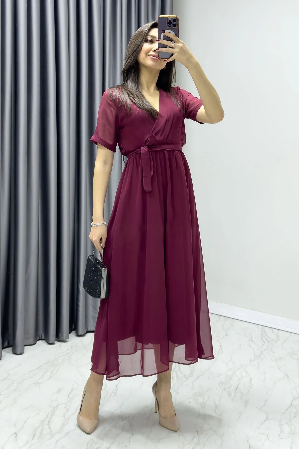 Women's Burgundy Short Sleeve Wrap Neck Chiffon Plus Size Dress
