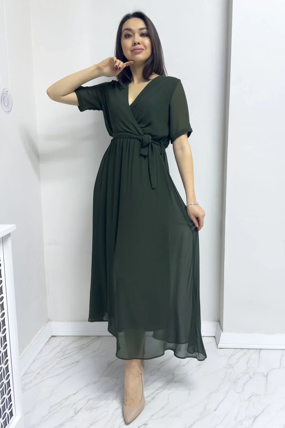 Women's Khaki Short Sleeve Wrap Neck Chiffon Plus Size Dress