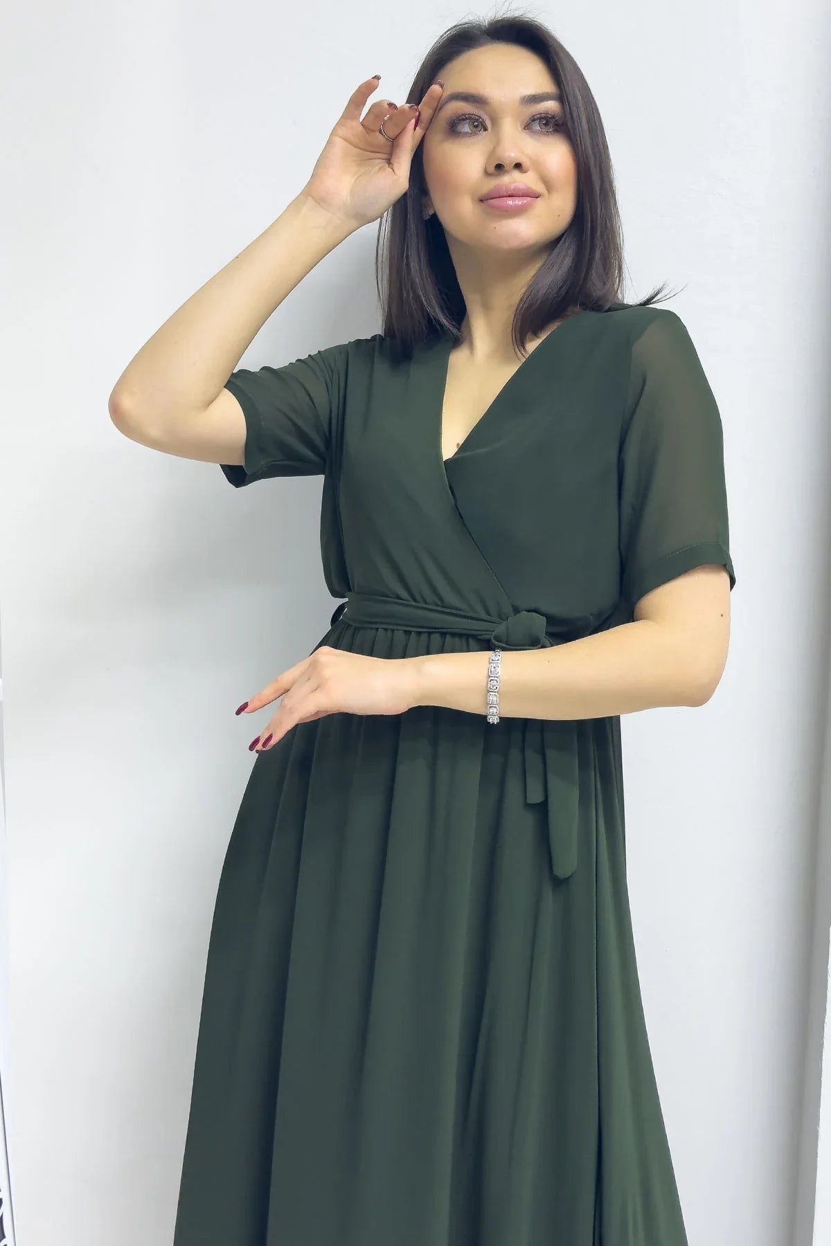 Women's Khaki Short Sleeve Wrap Neck Chiffon Plus Size Dress