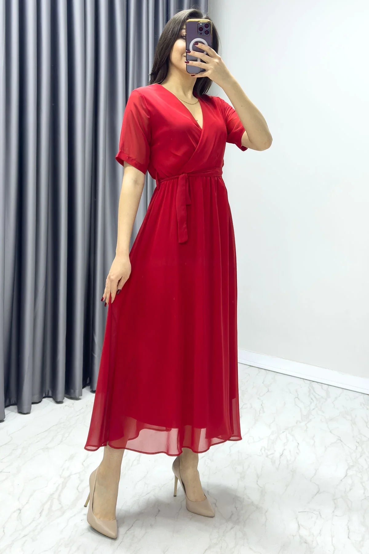 Women's Red Short Sleeve Wrap Neck Chiffon Plus Size Dress