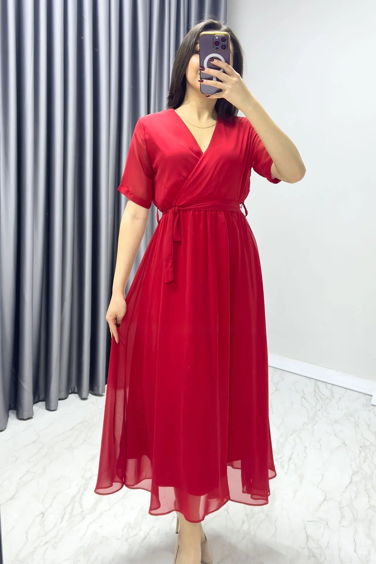 Women's Red Short Sleeve Wrap Neck Chiffon Plus Size Dress