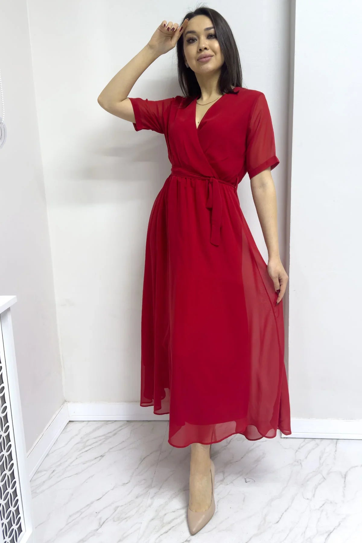 Women's Red Short Sleeve Wrap Neck Chiffon Plus Size Dress