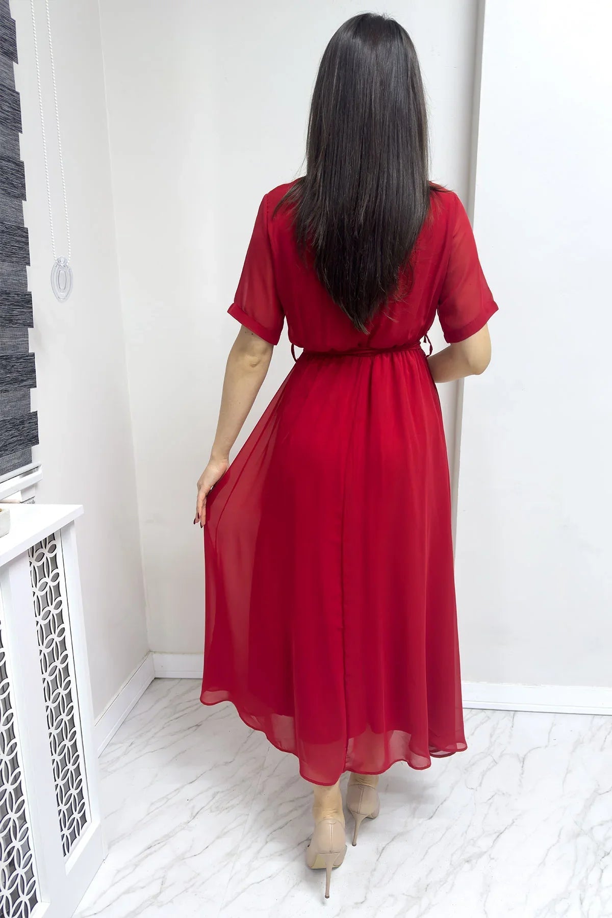 Women's Red Short Sleeve Wrap Neck Chiffon Plus Size Dress