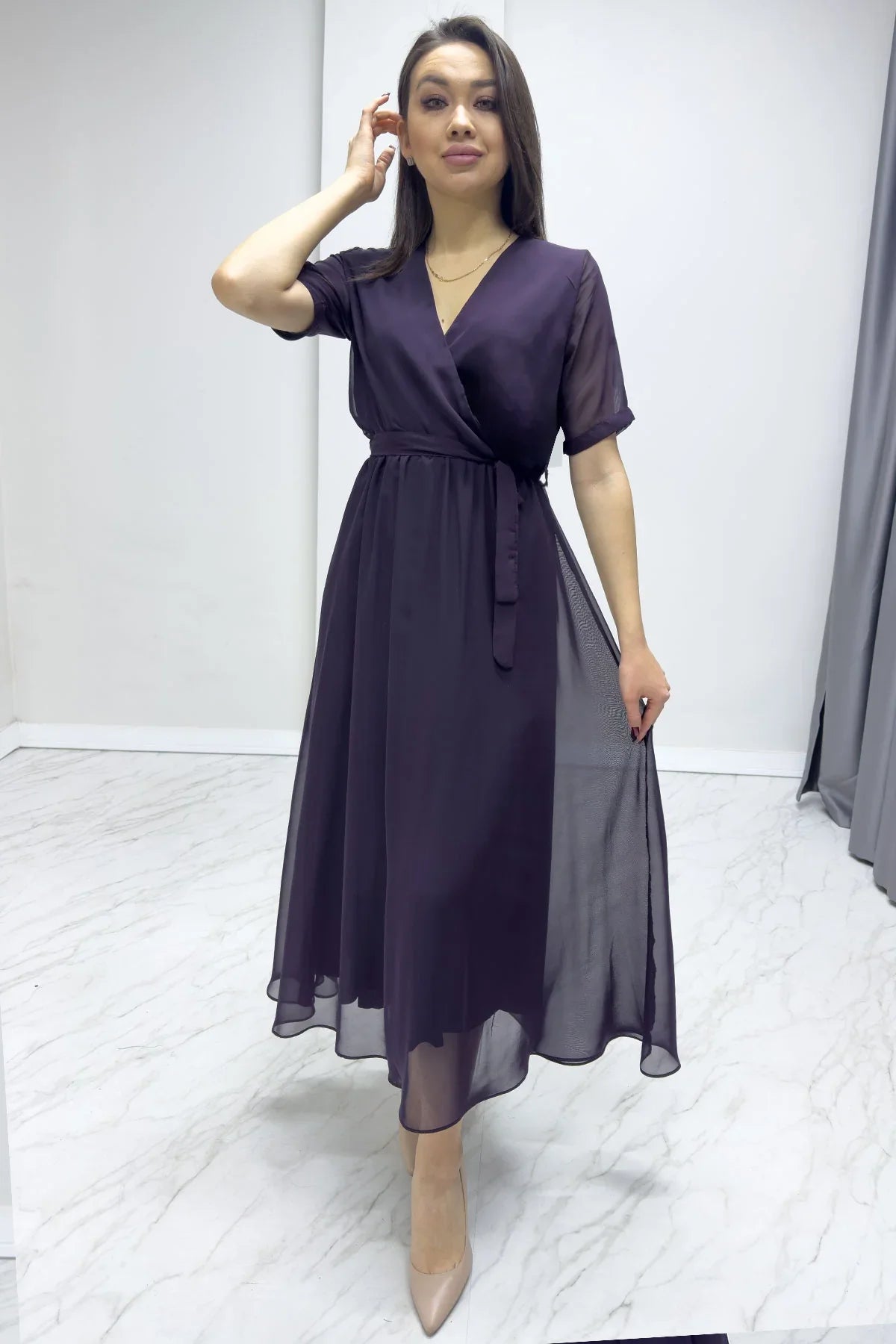 Women's Purple Short Sleeve Wrap Neck Chiffon Plus Size Dress