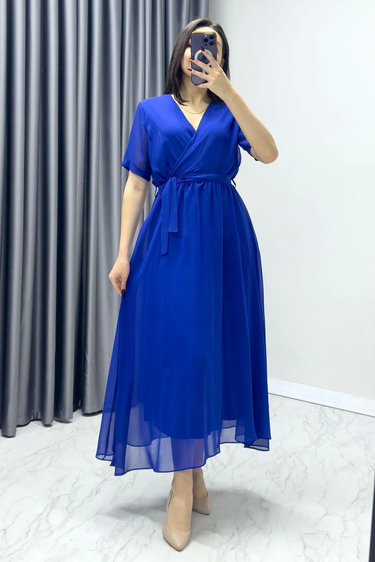 Women's Saxe Short Sleeve Wrap Neck Chiffon Plus Size Dress