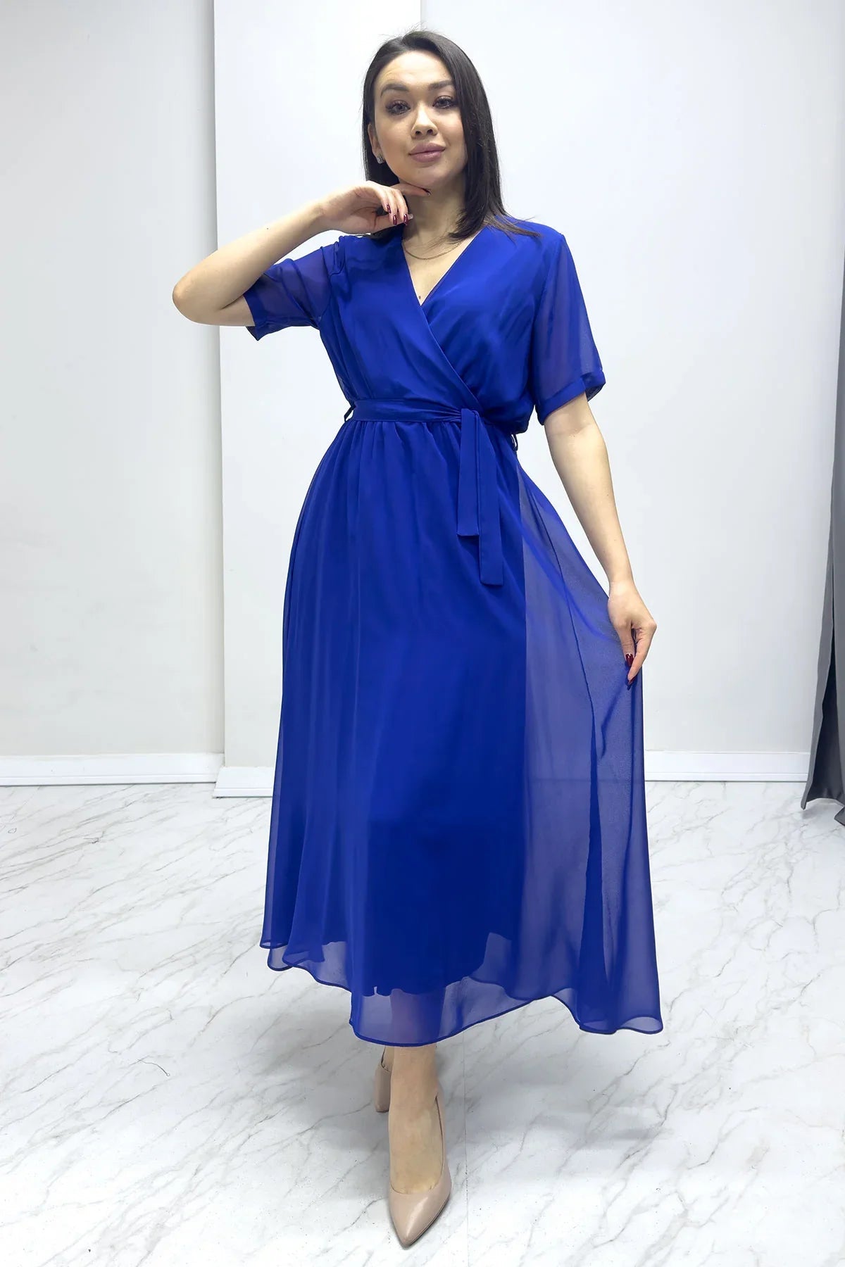 Women's Saxe Short Sleeve Wrap Neck Chiffon Plus Size Dress