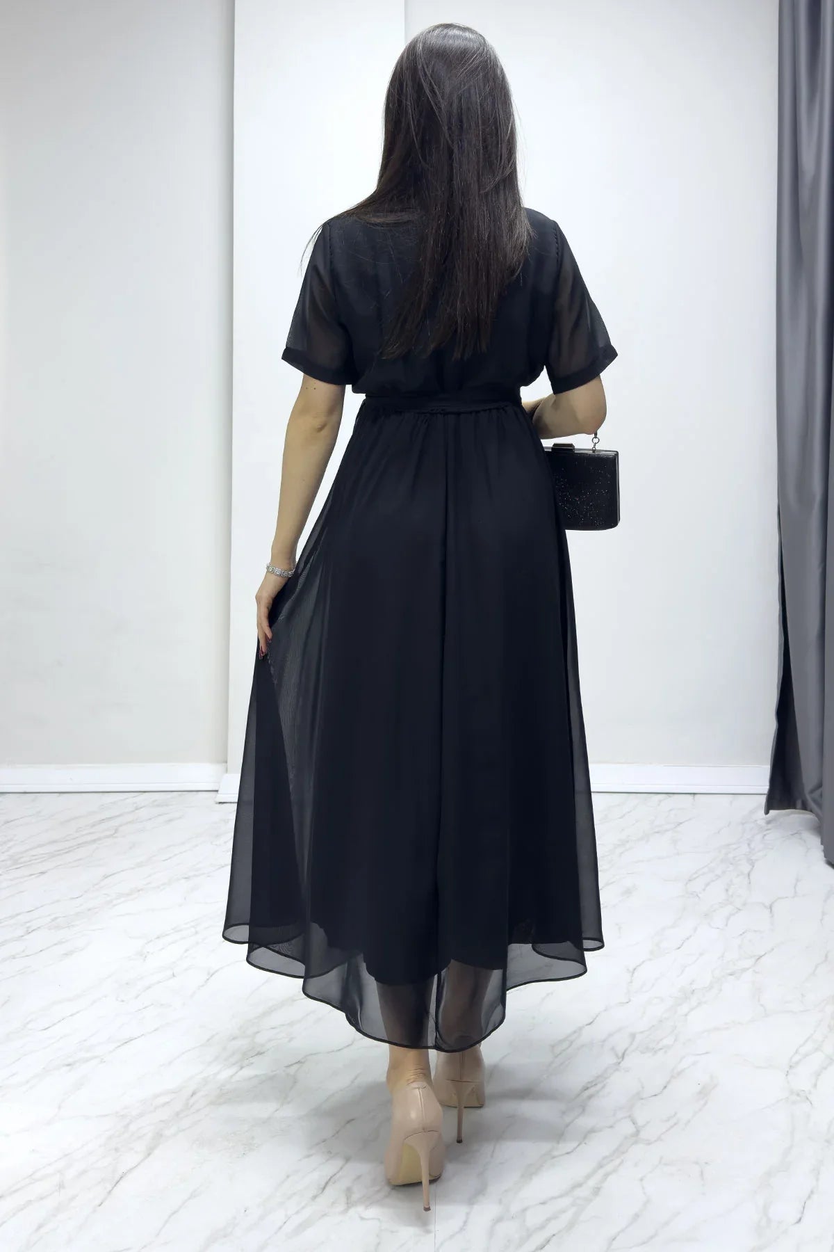 Women's Black Short Sleeve Wrap Neck Chiffon Plus Size Dress
