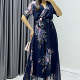 Navy Blue Short-Sleeve Midi Chiffon Dress