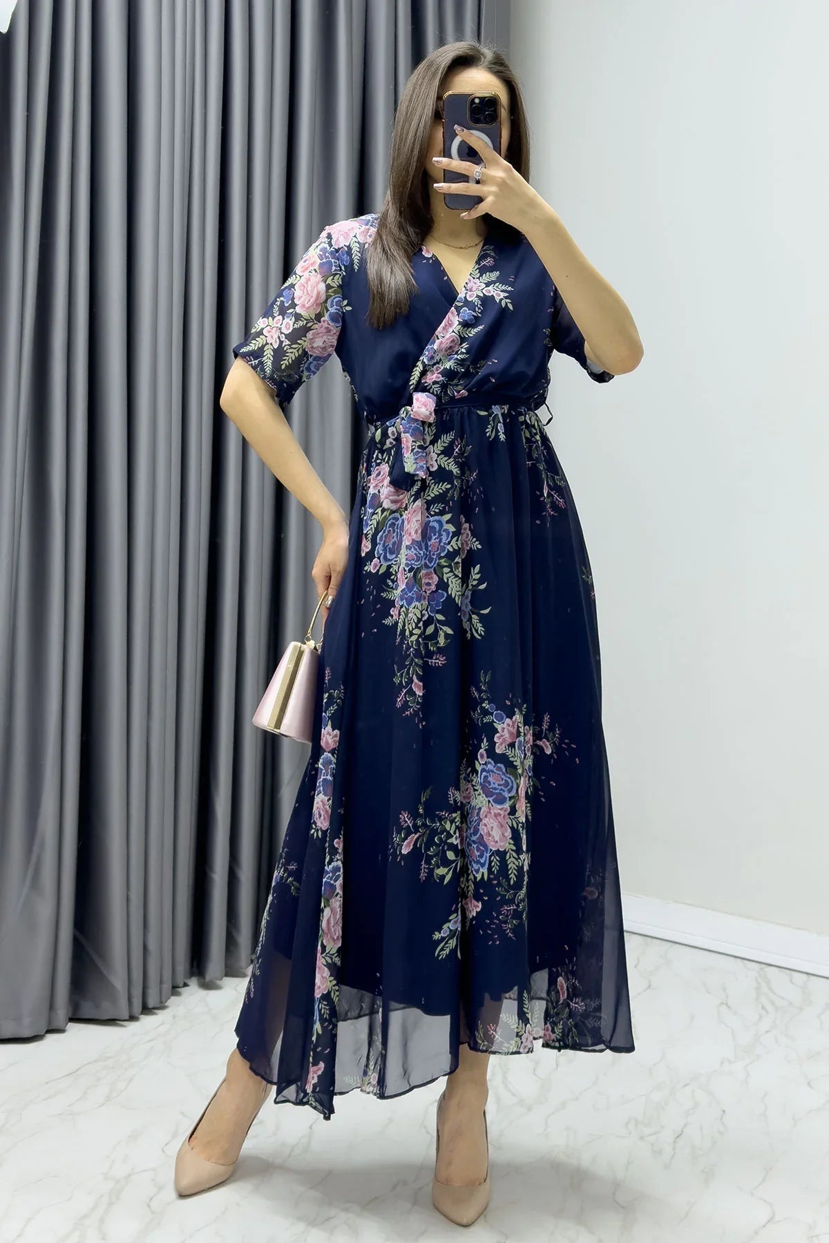 Women's Navy Blue Floral Short Sleeve Wrap Neck Plus Size Chiffon Dress