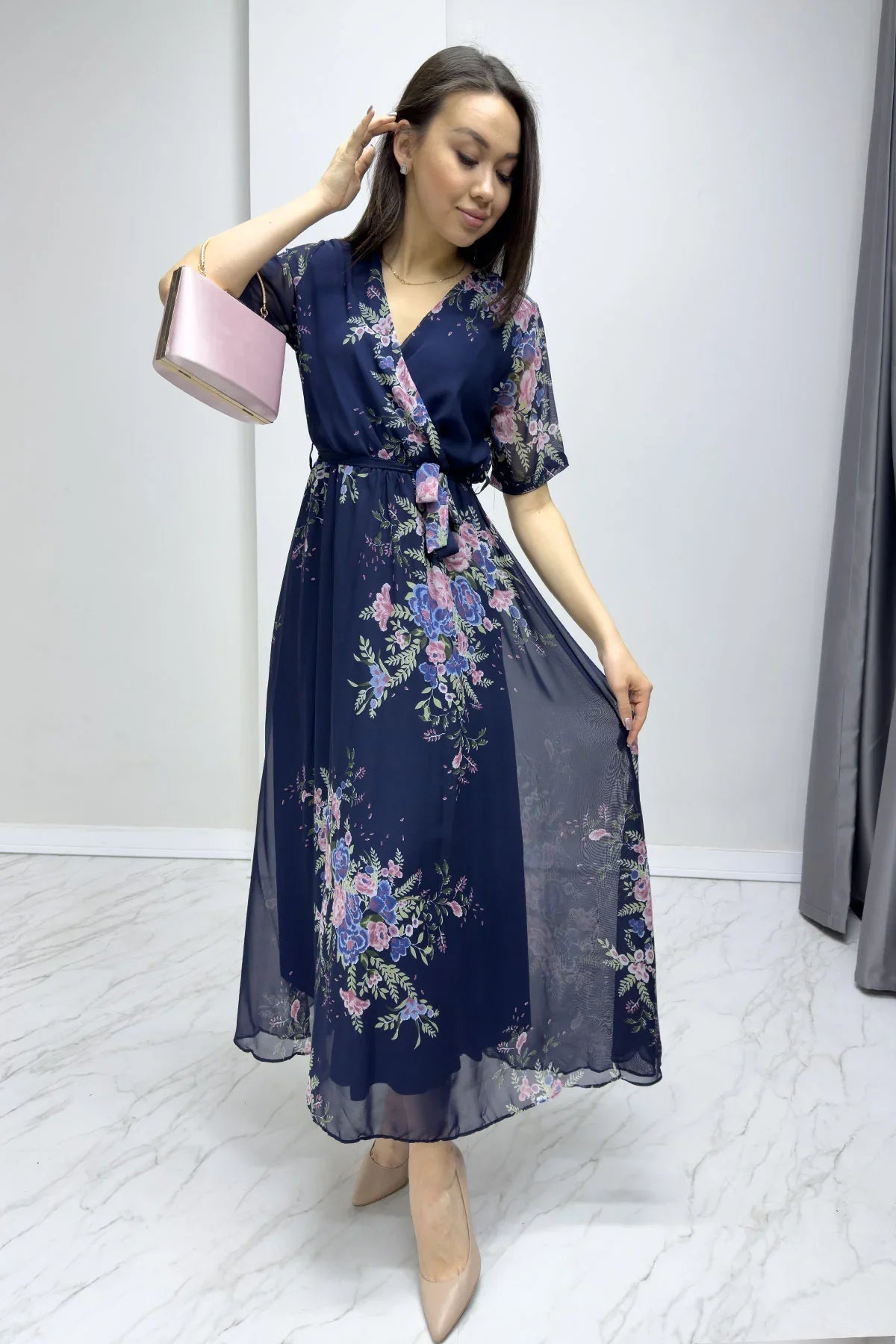 Women's Navy Blue Floral Short Sleeve Wrap Neck Plus Size Chiffon Dress