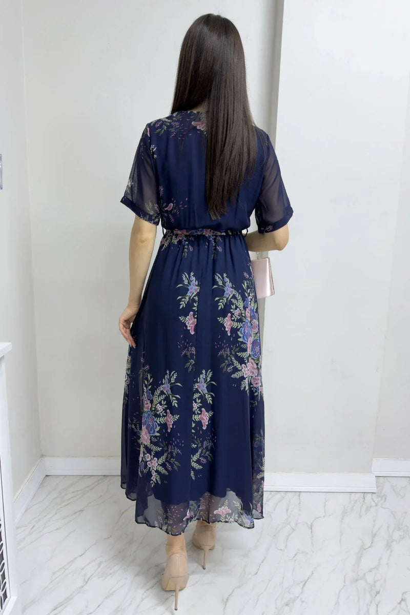 Women's Navy Blue Floral Short Sleeve Wrap Neck Plus Size Chiffon Dress