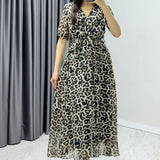 Leopard Short-Sleeve Midi Chiffon Dress