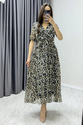 Leopard Short-Sleeve Midi Chiffon Dress