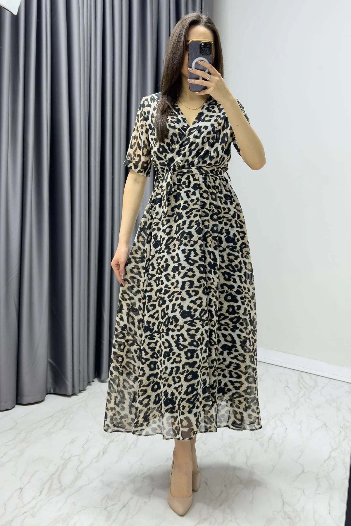 Women's Leopar Short Sleeve Wrap Neck Plus Size Chiffon Dress