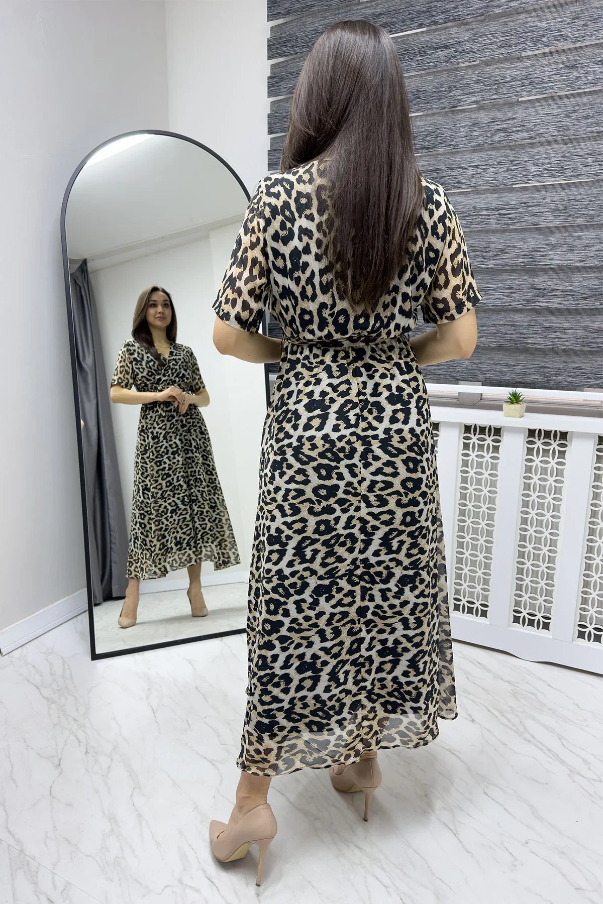 Women's Leopar Short Sleeve Wrap Neck Plus Size Chiffon Dress