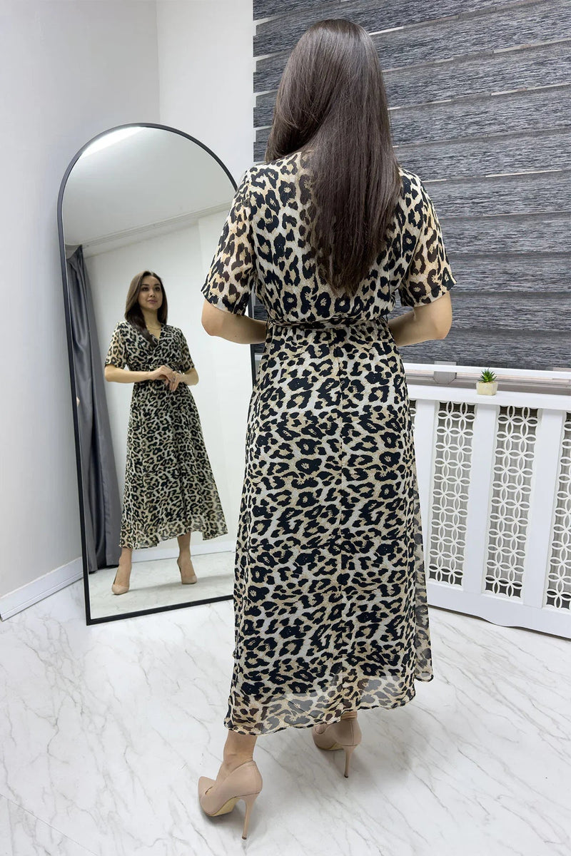 Women's Leopar Short Sleeve Wrap Neck Plus Size Chiffon Dress