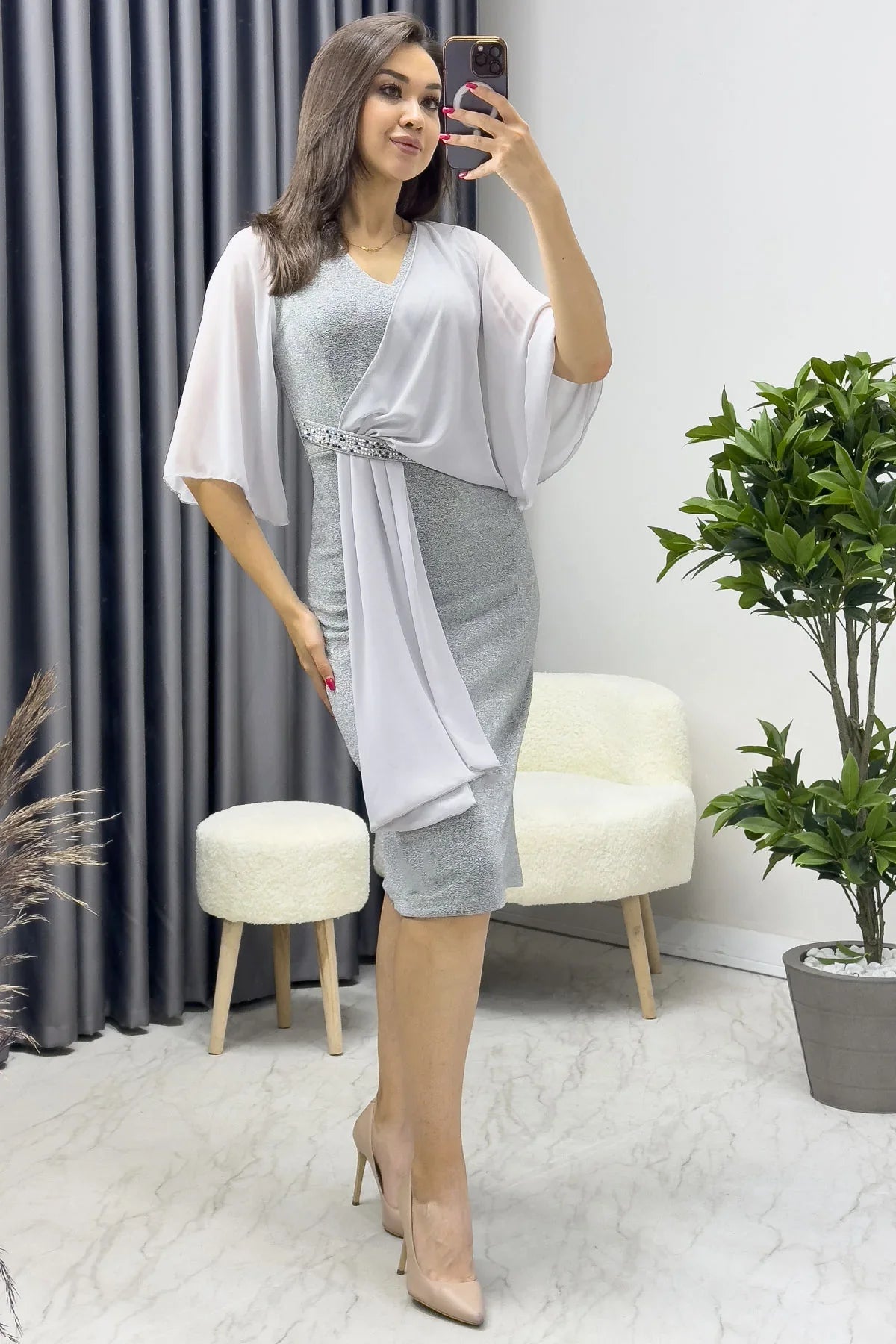 Women's Gray Crystal Embellished Volan Sleeve Glitter Evening Gown