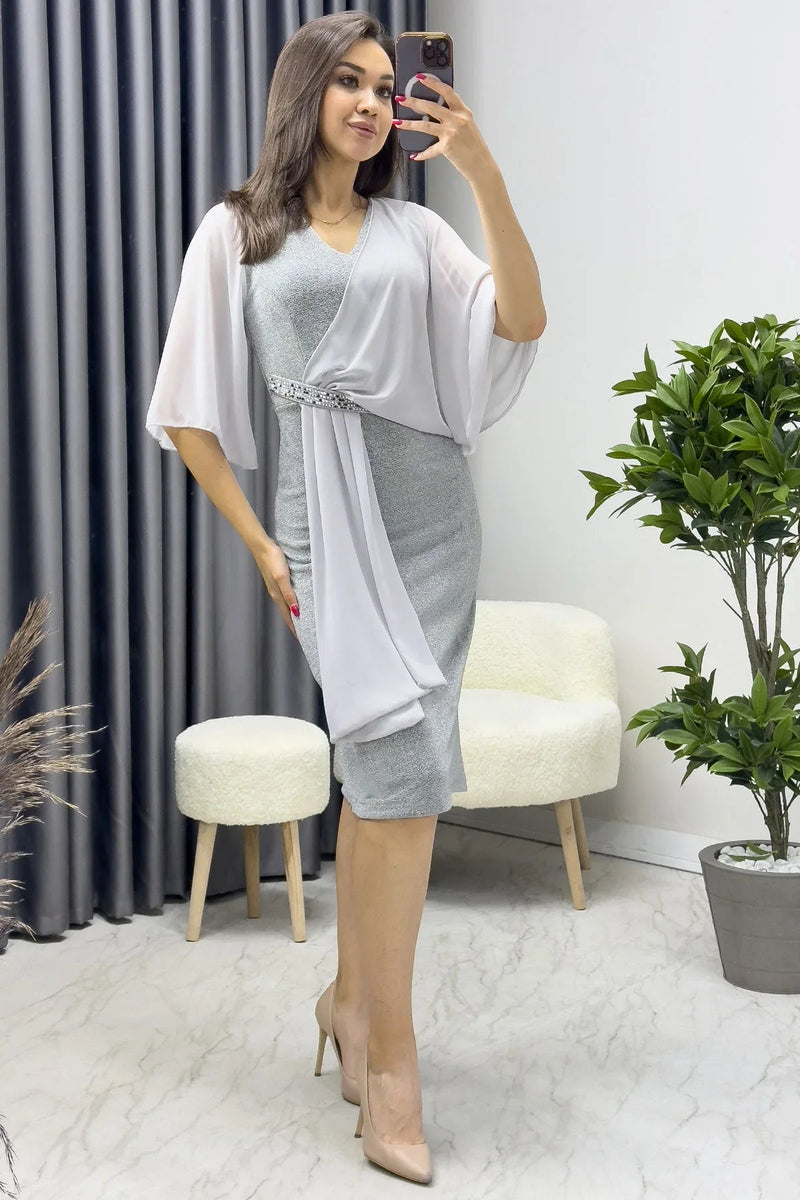 Women's Gray Crystal Embellished Volan Sleeve Glitter Evening Gown