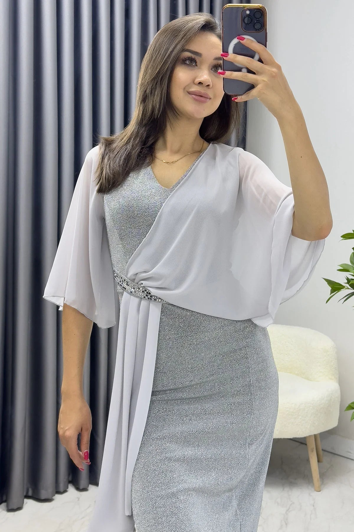 Women's Gray Crystal Embellished Volan Sleeve Glitter Evening Gown