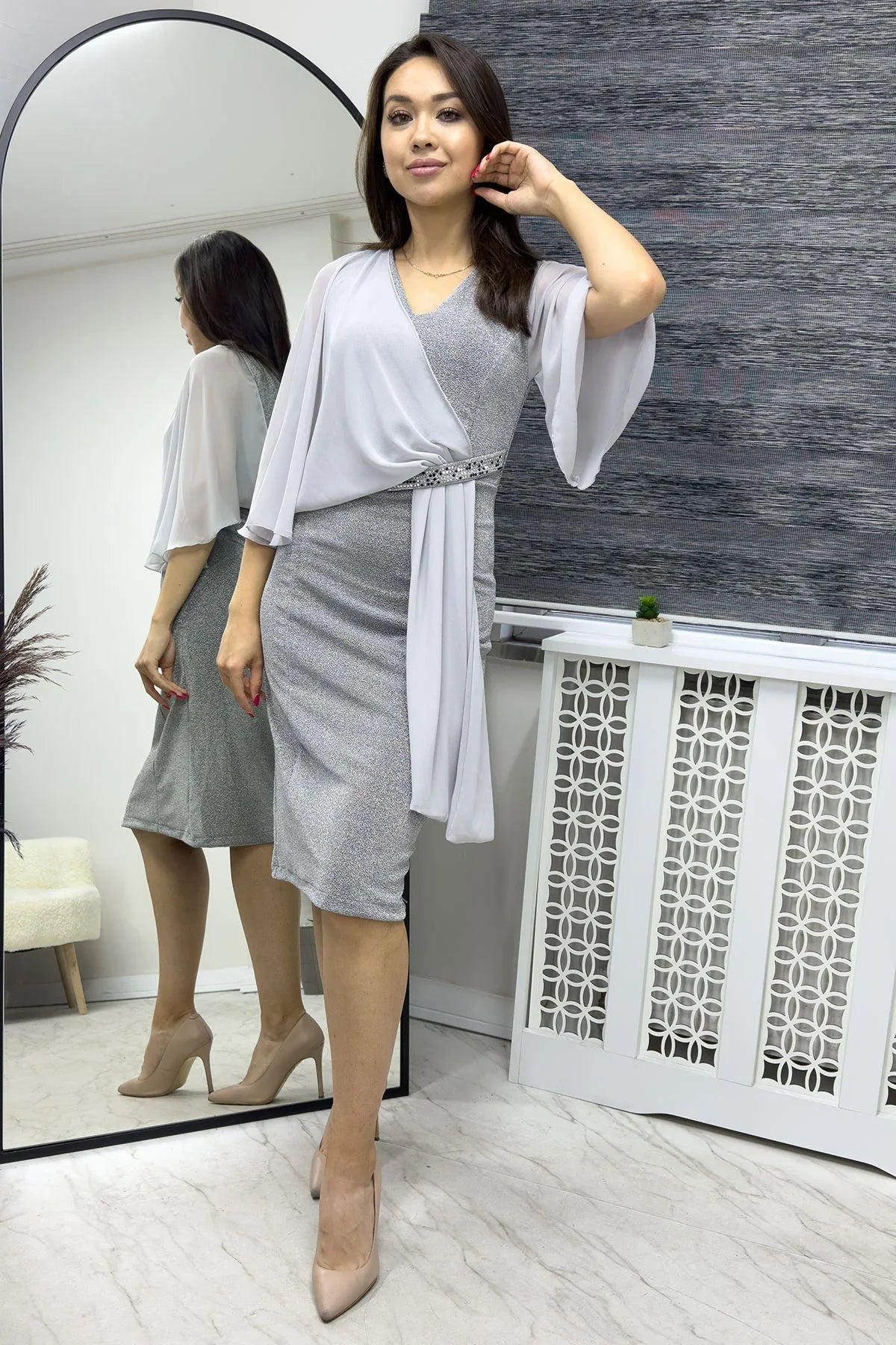 Women's Gray Crystal Embellished Volan Sleeve Glitter Evening Gown