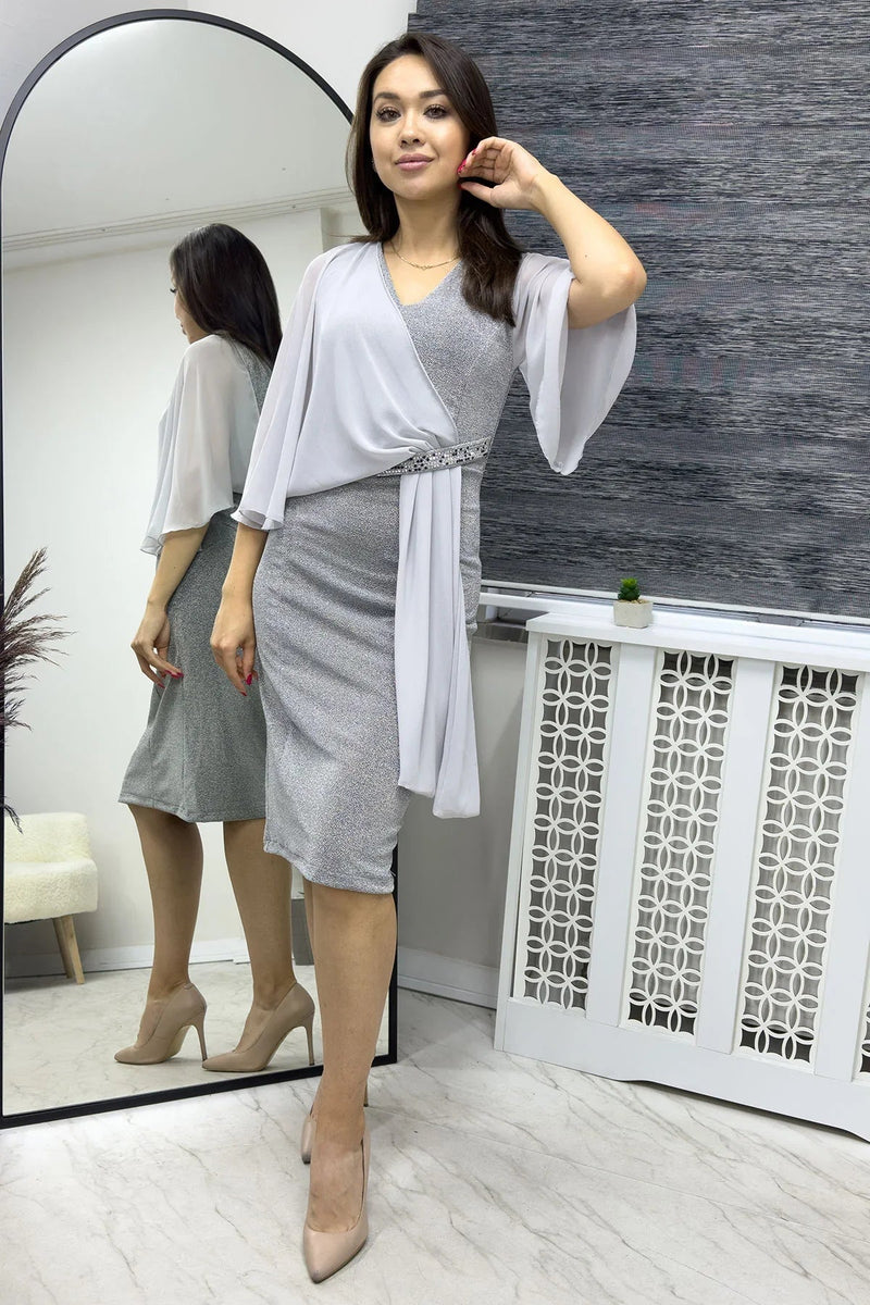 Women's Gray Crystal Embellished Volan Sleeve Glitter Evening Gown