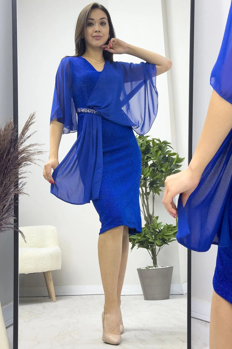 Women's Saxe Crystal Embellished Volan Sleeve Glitter Evening Gown