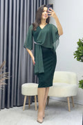 Emerald Green Crystal Embellished Volan Sleeve Glitter Evening Dress