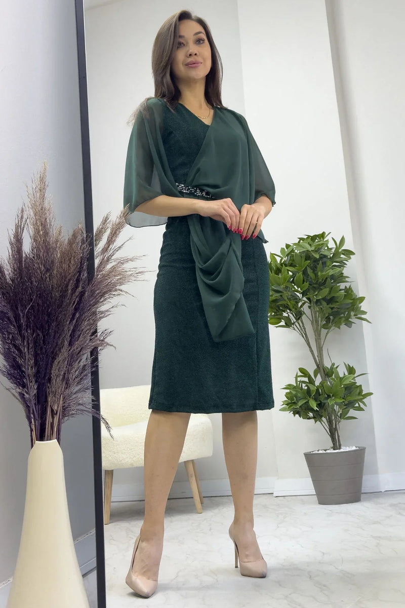 Women's Emerald Green Crystal Embellished Volan Sleeve Glitter Evening Gown