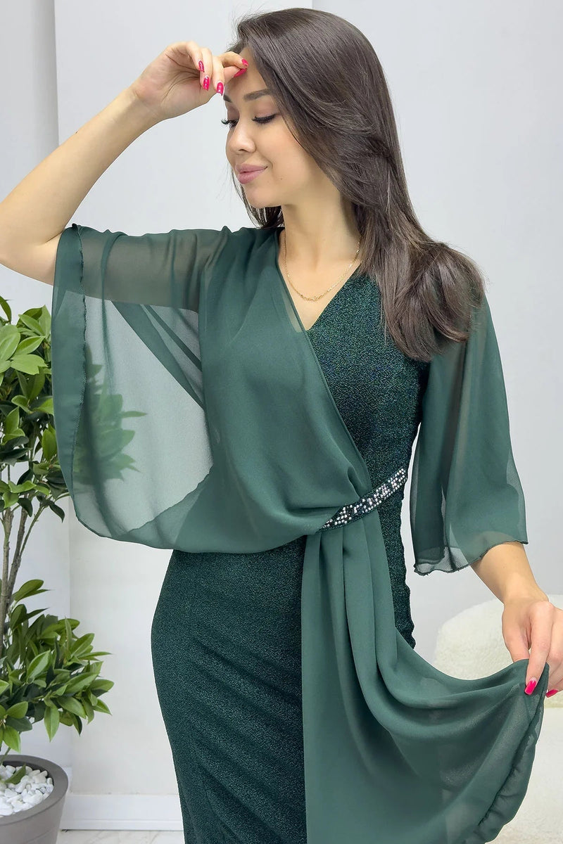 Women's Emerald Green Crystal Embellished Volan Sleeve Glitter Evening Gown