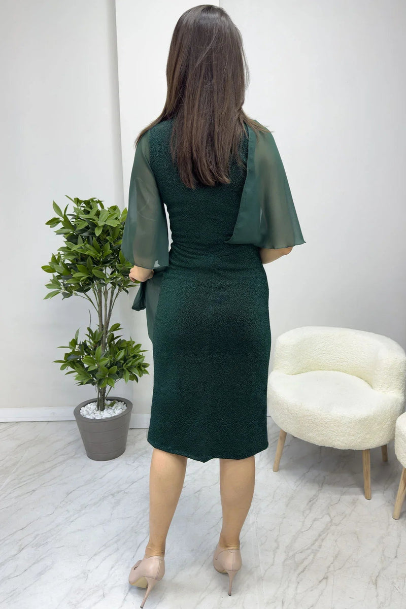 Women's Emerald Green Crystal Embellished Volan Sleeve Glitter Evening Gown