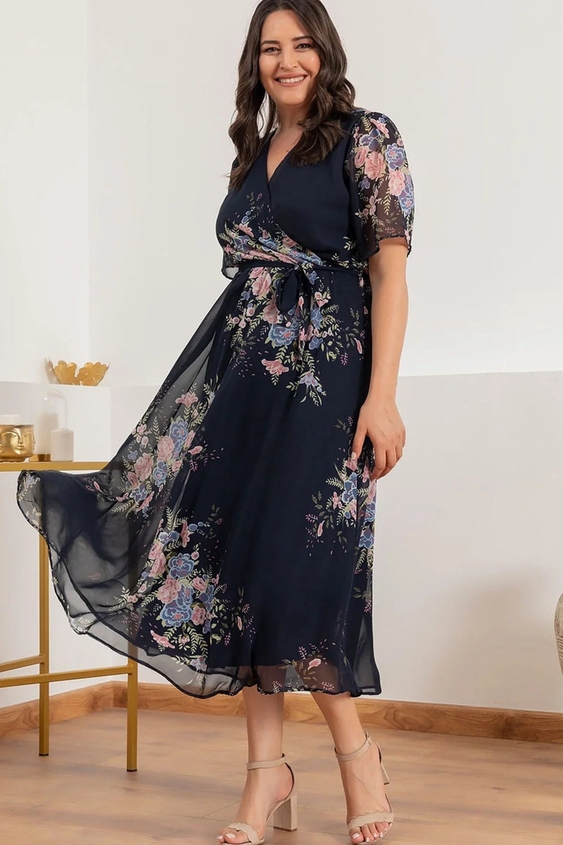 Women's Navy Blue Floral Short Sleeve Wrap Neck Plus Size Chiffon Dress
