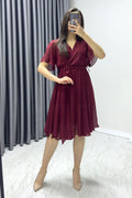 Burgundy Flared Chiffon Short Dress