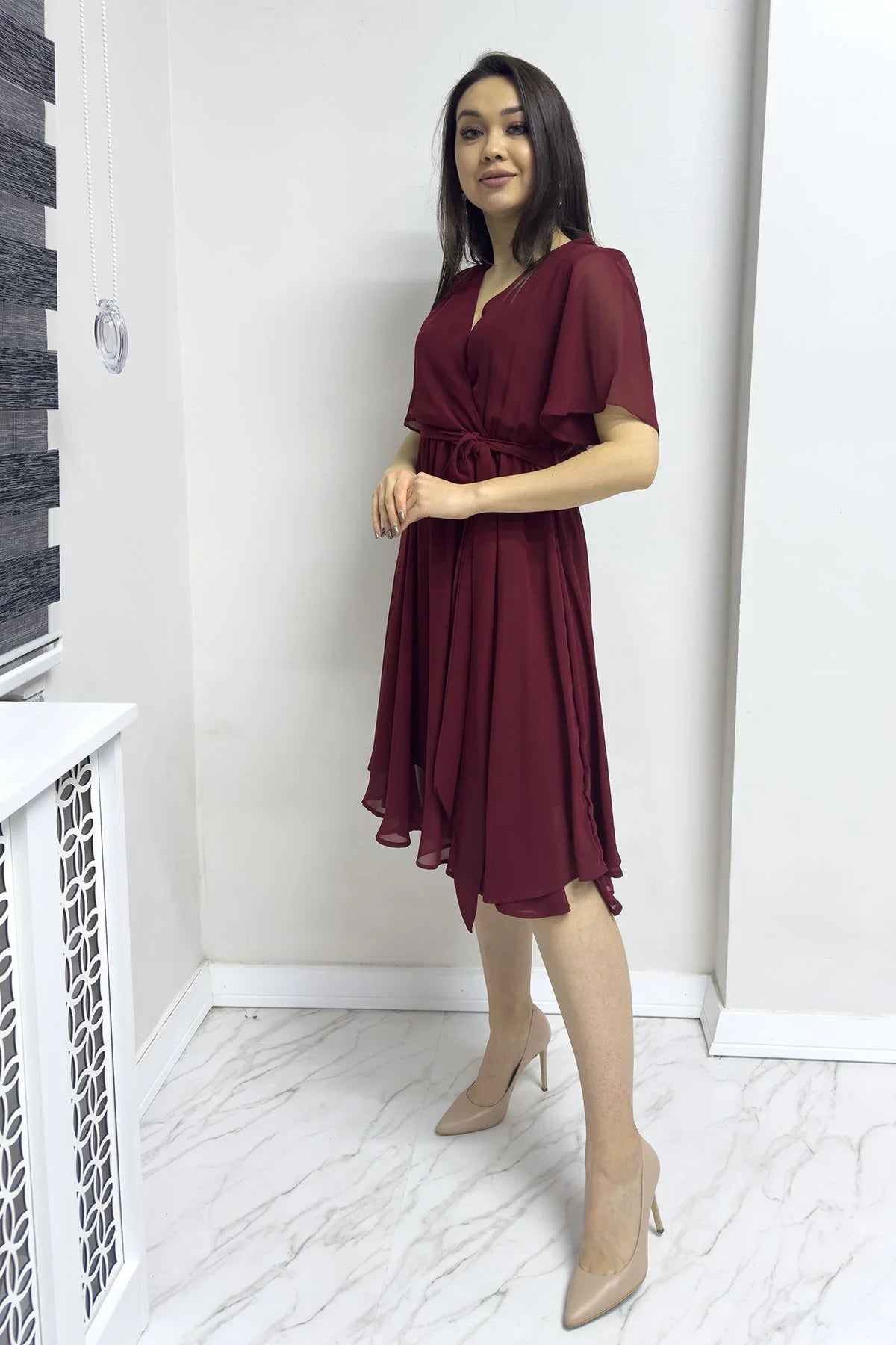 Women's Burgundy Flared Half Sleeve Plus Size Chiffon Dress