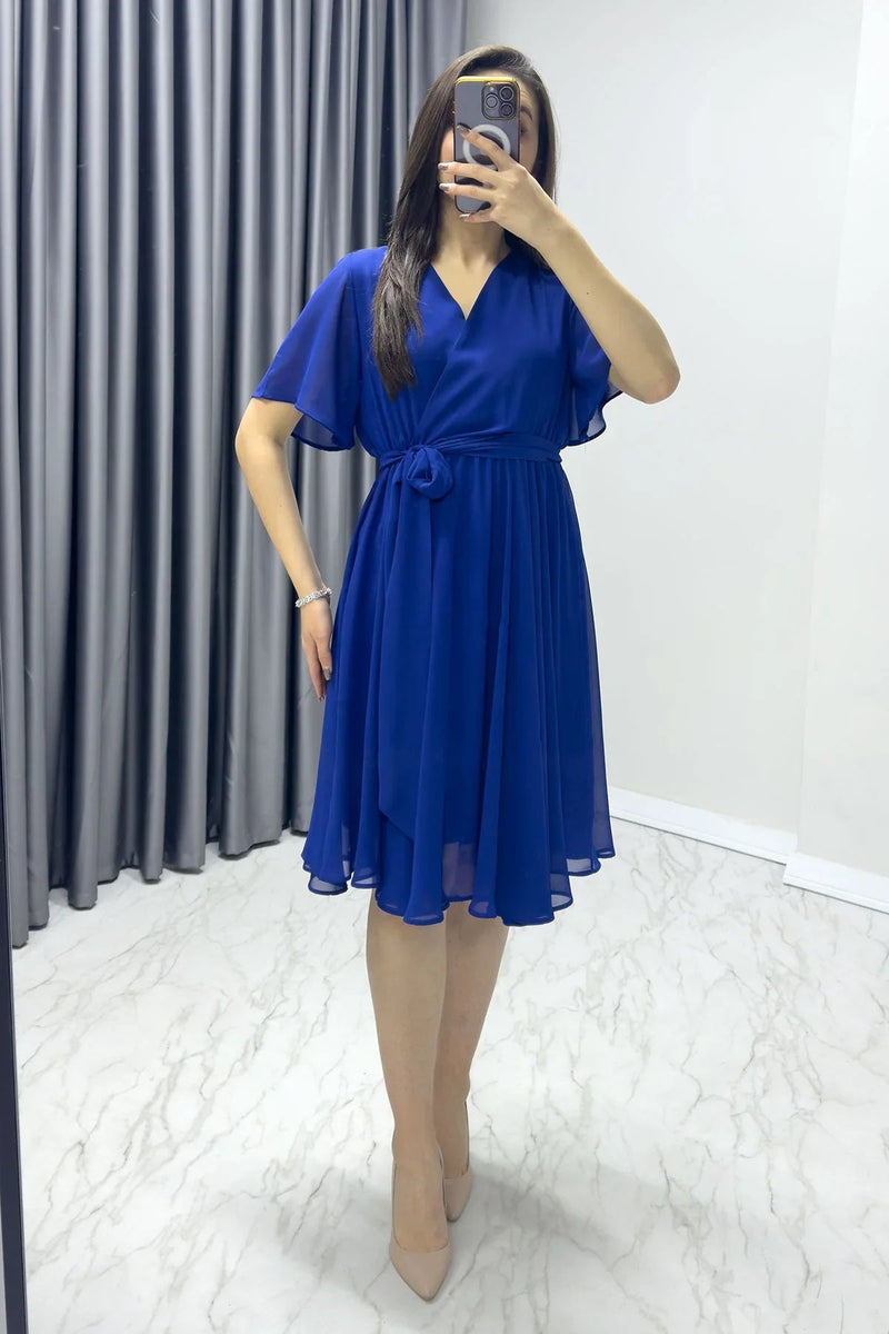 Women's Saxe Flared Half Sleeve Plus Size Chiffon Dress