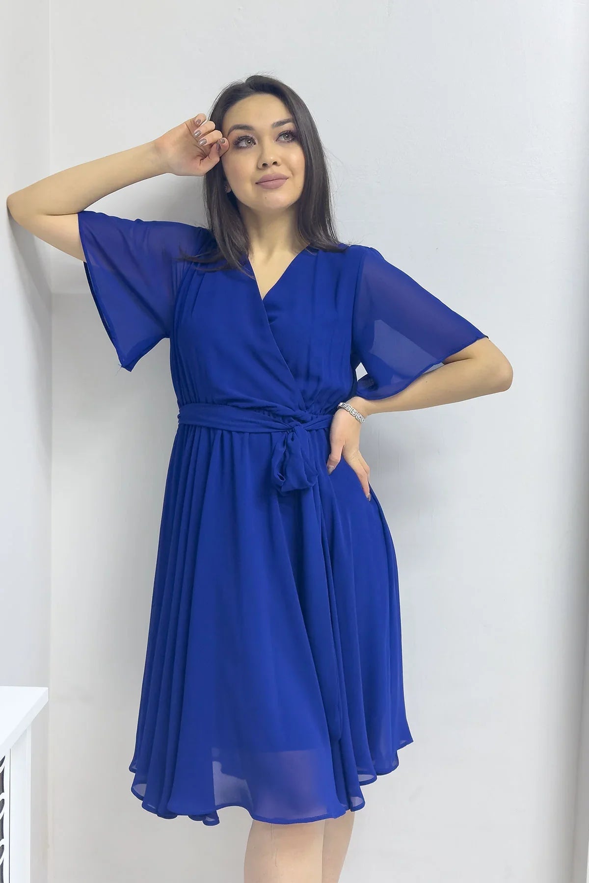 Women's Saxe Flared Half Sleeve Plus Size Chiffon Dress
