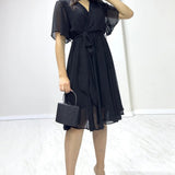Black Flared Chiffon Short Dress