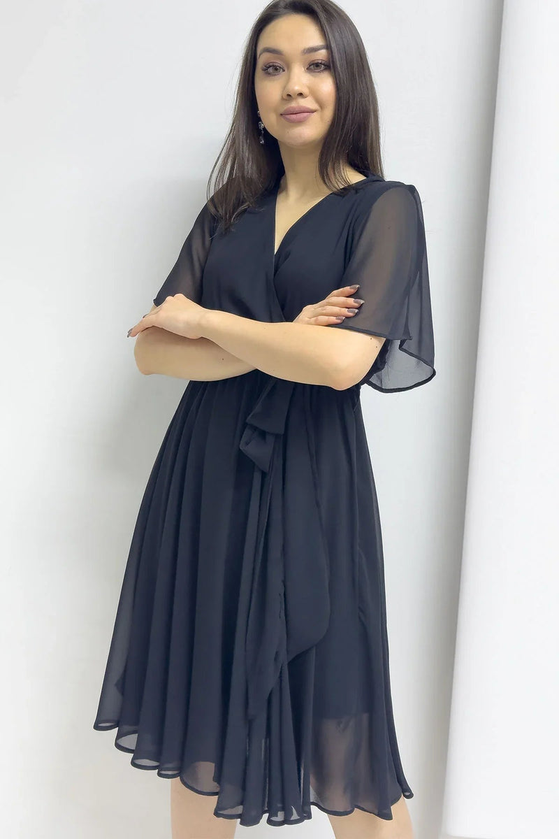 Women's Black Flared Half Sleeve Plus Size Chiffon Dress
