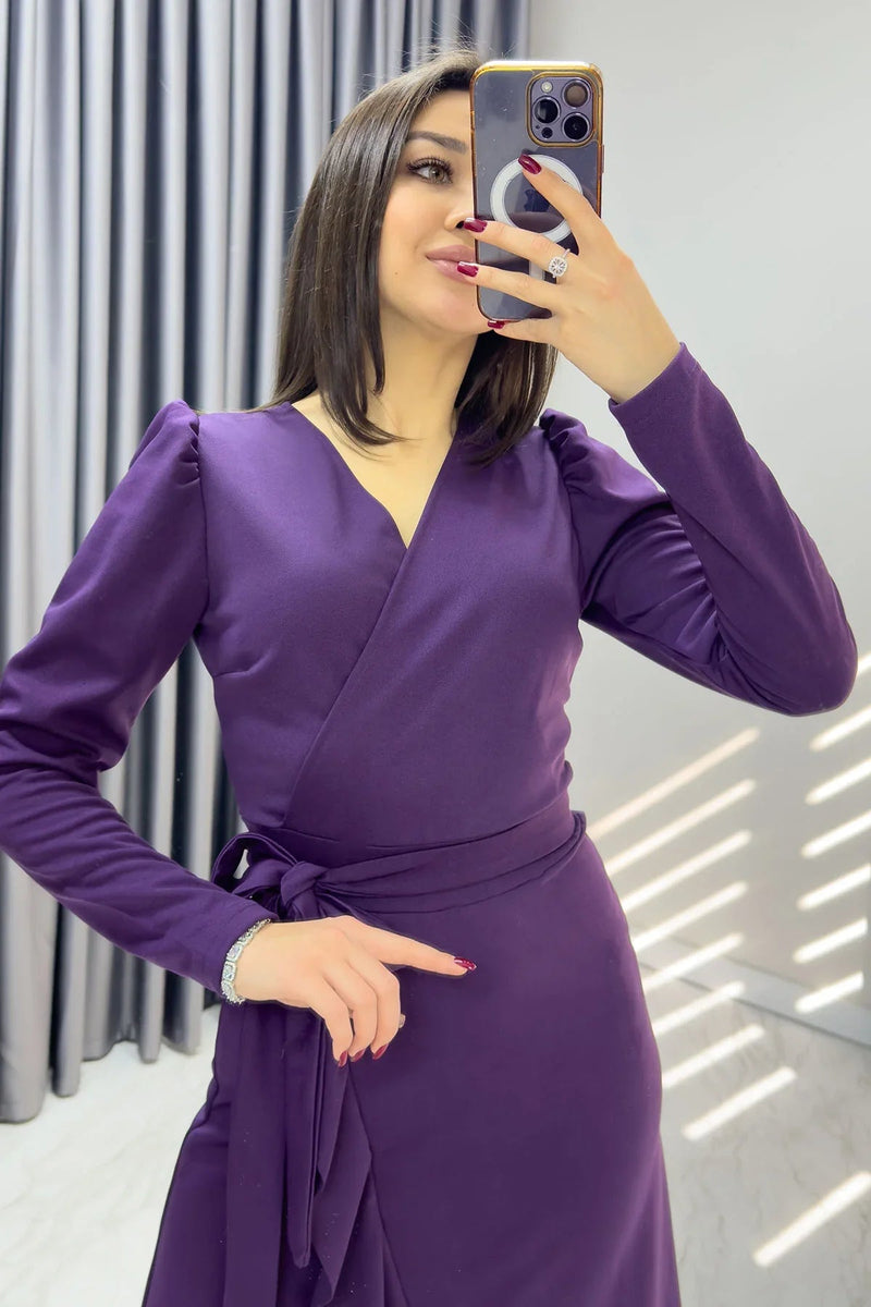 Women's Purple Crepe Ruffled Wrap Plus Size Dress