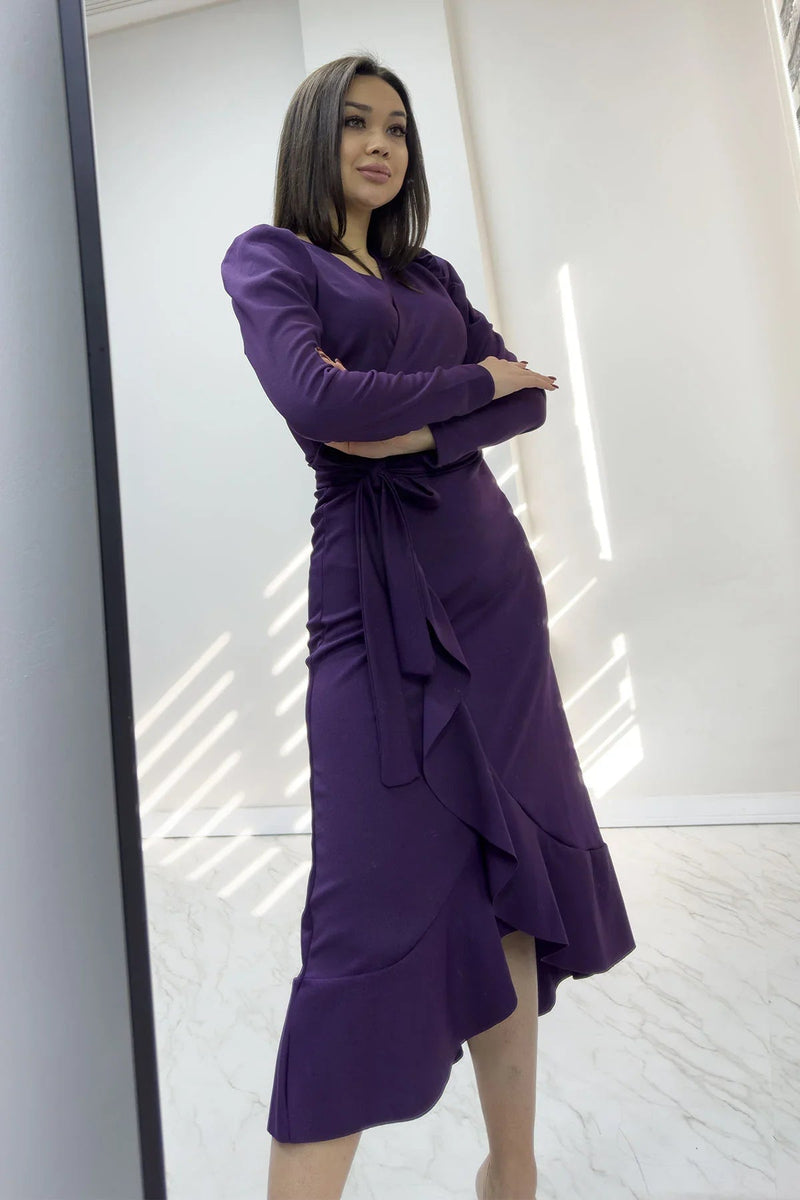 Women's Purple Crepe Ruffled Wrap Plus Size Dress