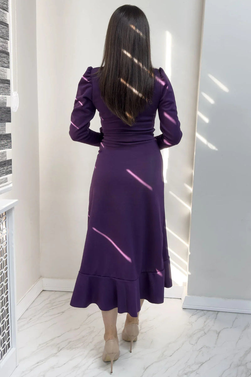 Women's Purple Crepe Ruffled Wrap Plus Size Dress