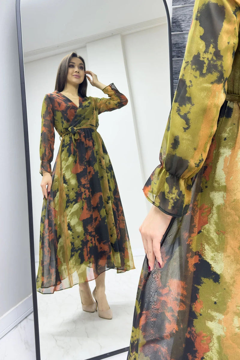 Women's Tie-Dye Wrap Neck Chiffon Plus Size Dress