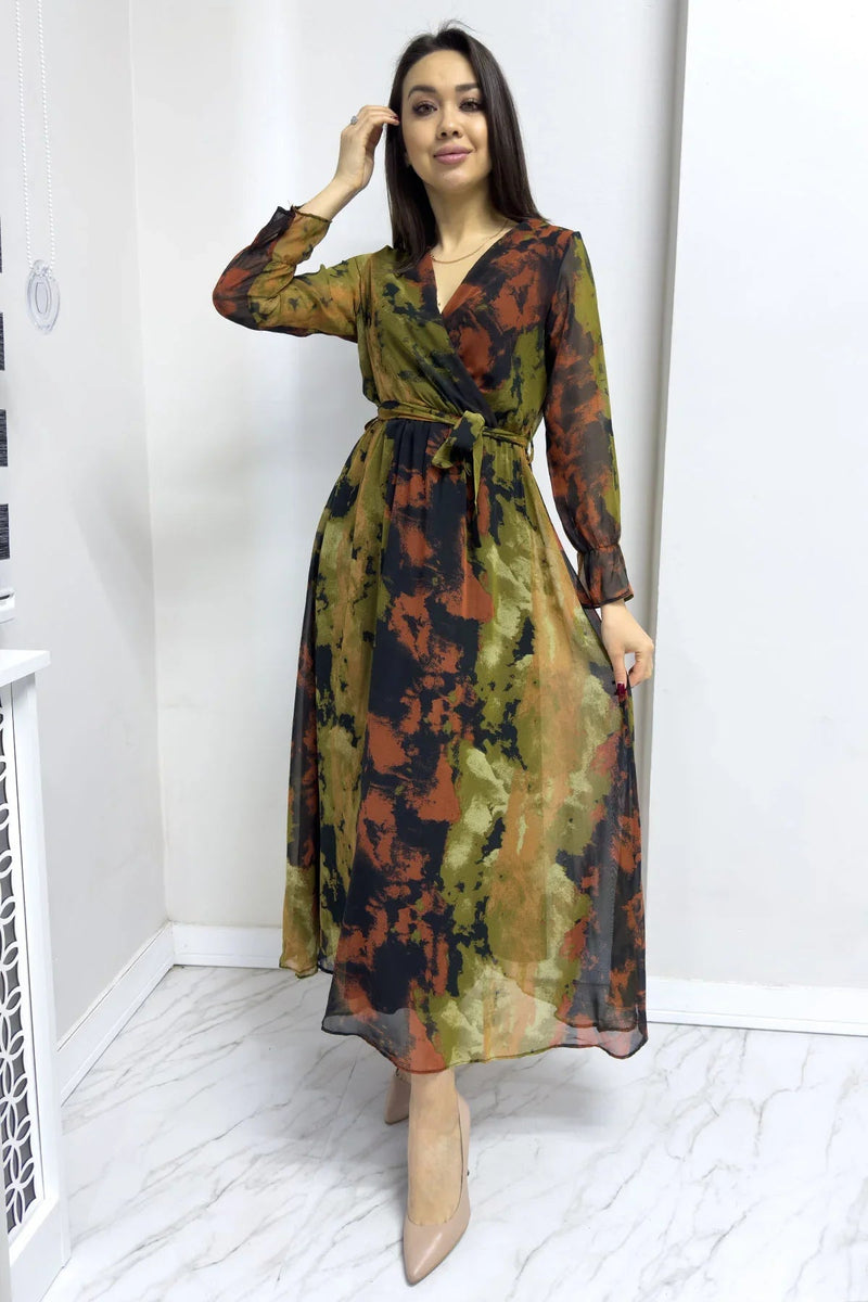 Women's Tie-Dye Wrap Neck Chiffon Plus Size Dress