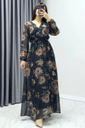 Black Brown Floral Midi Chiffon Dress
