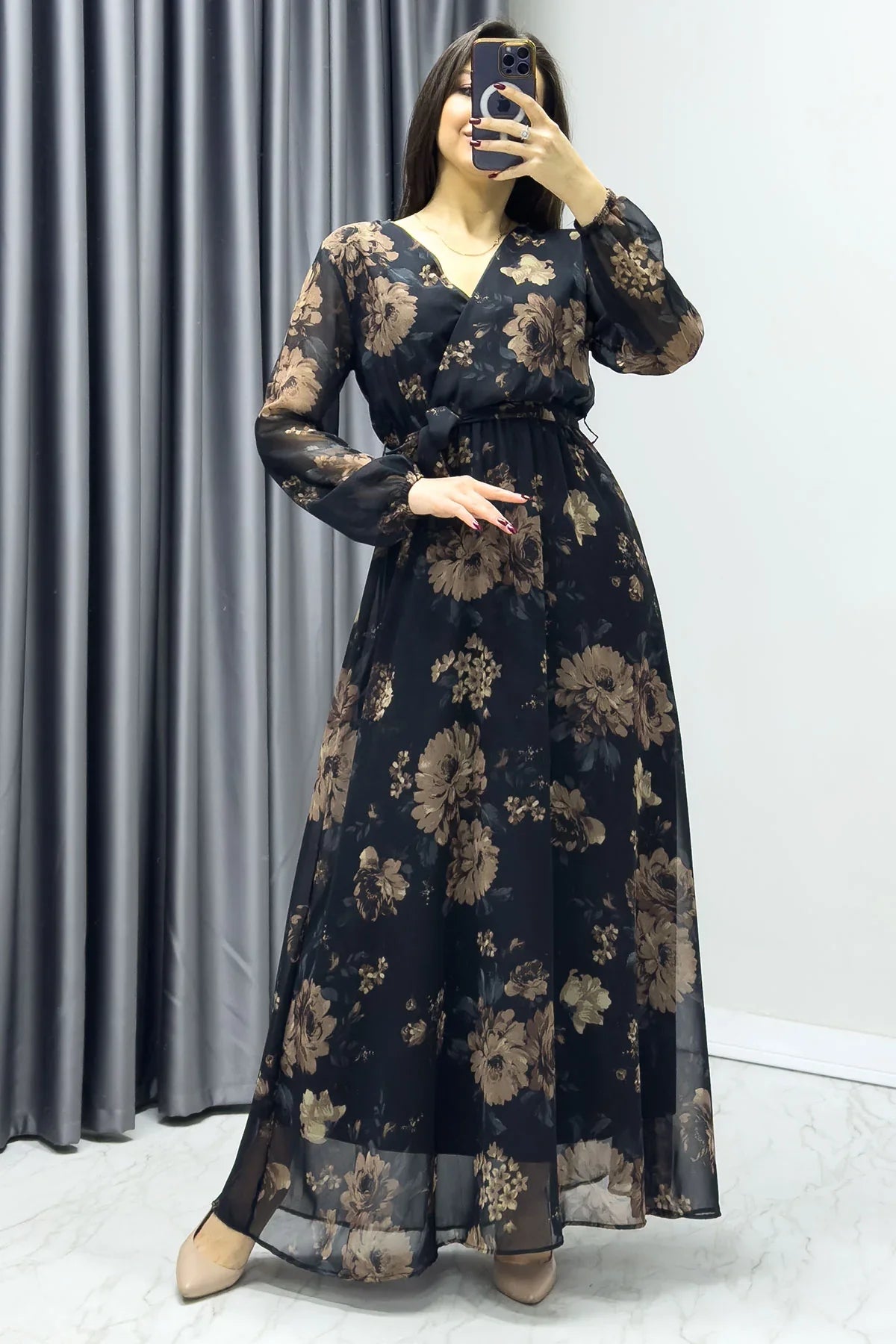 Women's Black Brown Floral Wrap Neck Chiffon Plus Size Dress