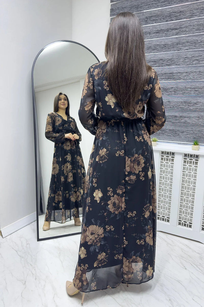 Women's Black Brown Floral Wrap Neck Chiffon Plus Size Dress