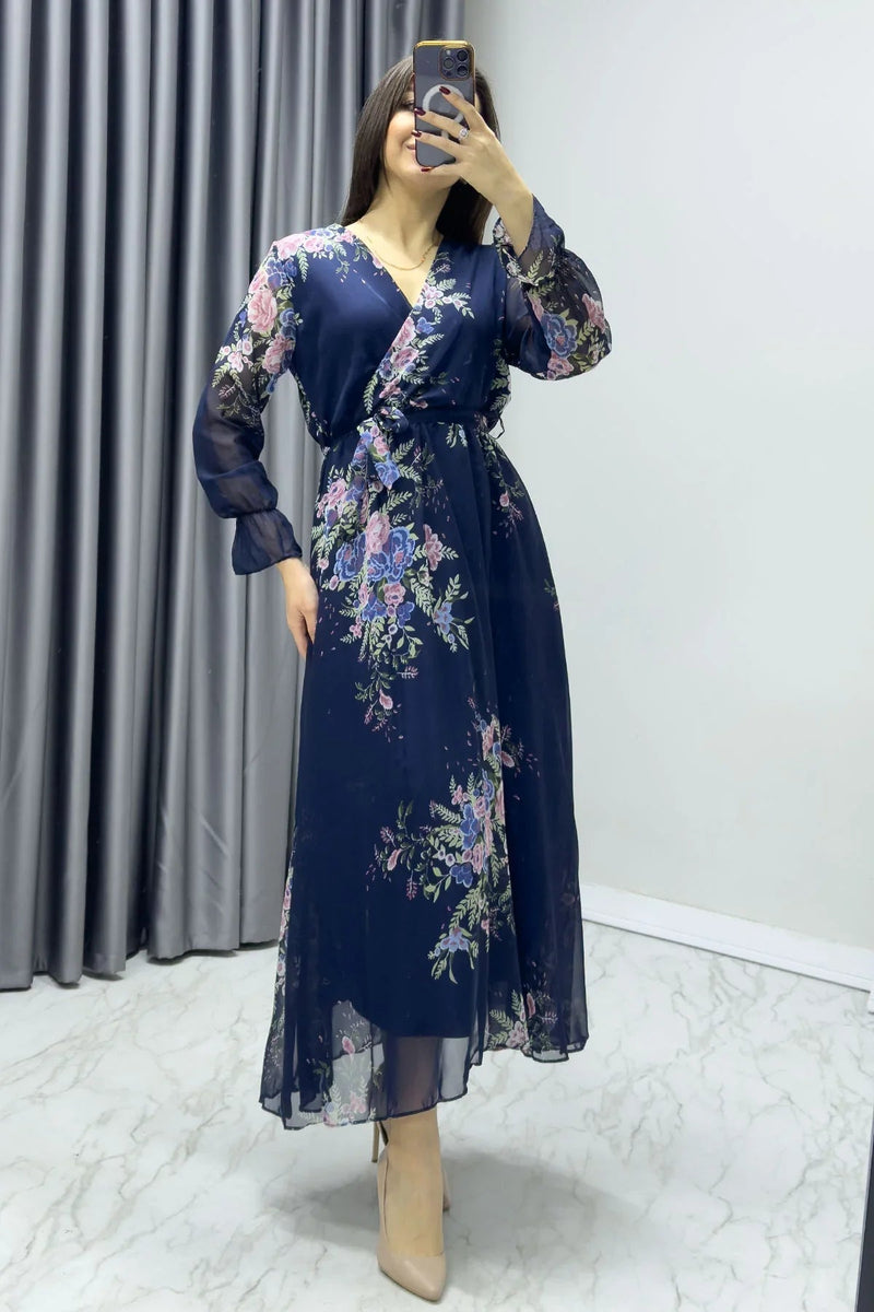 Women's Navy Blue Floral Wrap Neck Chiffon Plus Size Dress