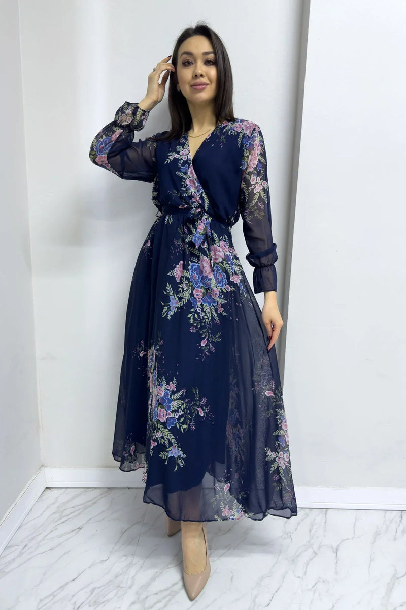 Women's Navy Blue Floral Wrap Neck Chiffon Plus Size Dress